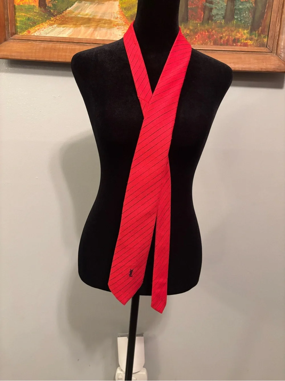 Yves Saint Laurent Vintage Red Pinstripe Silk Tie with YSL Embroidery